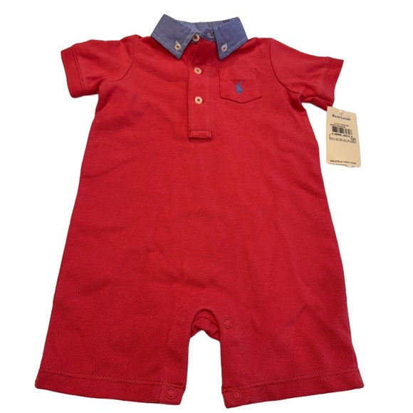 Ralph Lauren Baby Boy Collared Romper Salmon/ Red Sz 6 Months NWT - Picture 1 of 8